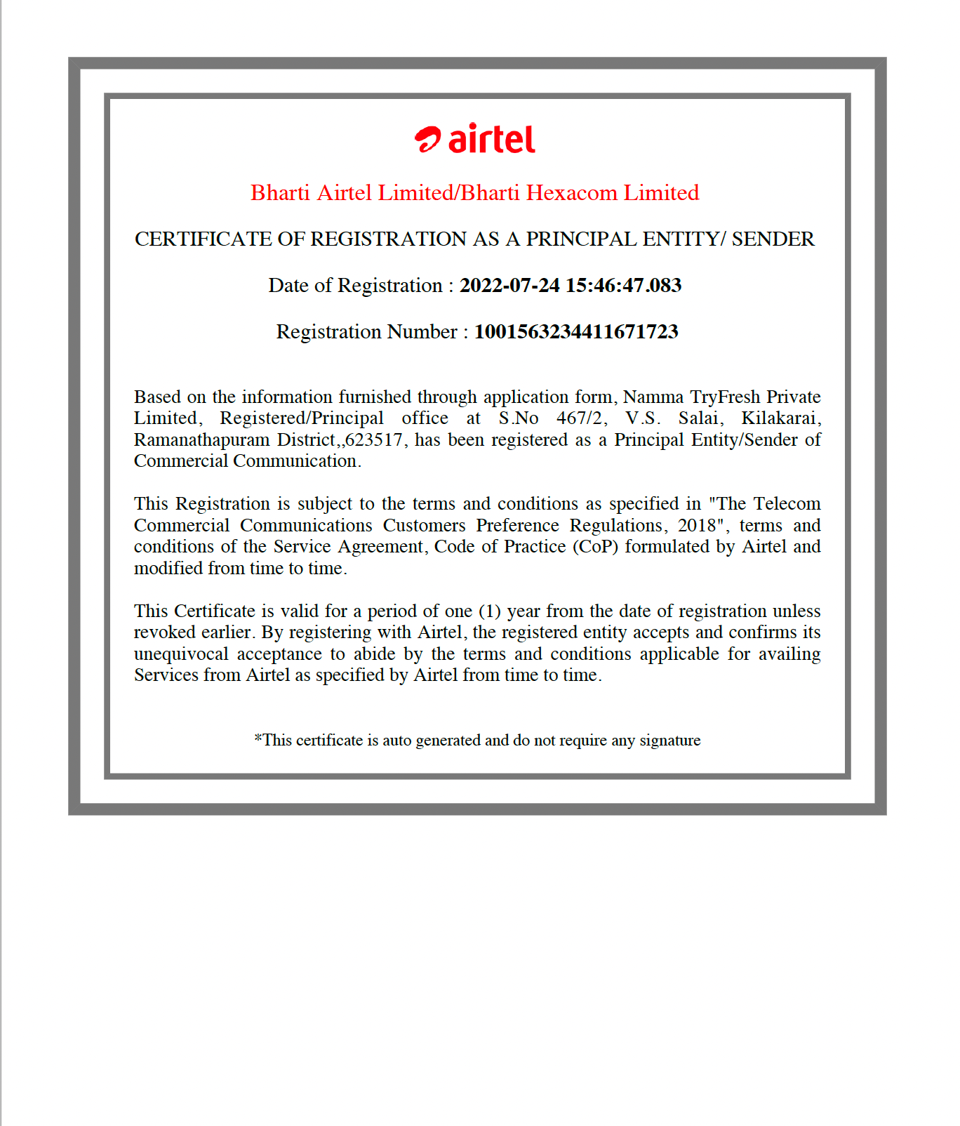 Airtel Certificate for Principal Entity